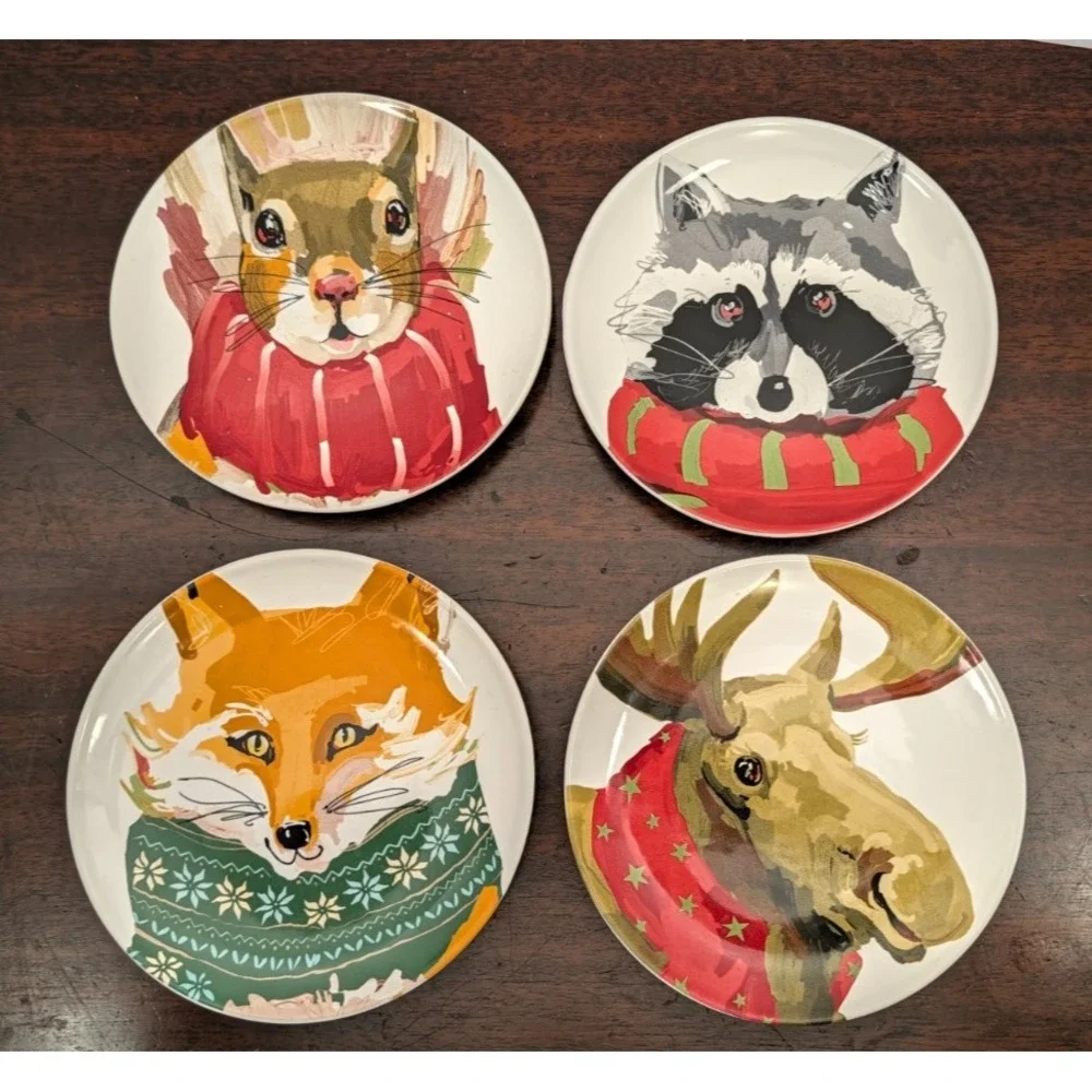 Magenta Christmas Woodland Animal Plates Set of 4 Raccoon Fox Moose Squirrel 7